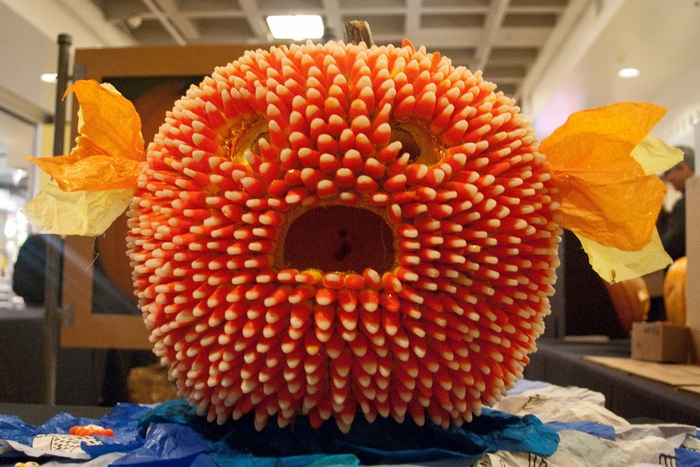 Pumpkin decorated with candy corn