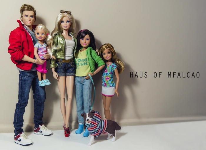 Barbie family with dog and text