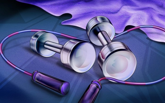 Dumbbells and jump rope on a blue surface with a purple towel