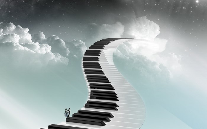 Piano keyboard stairs in clouds