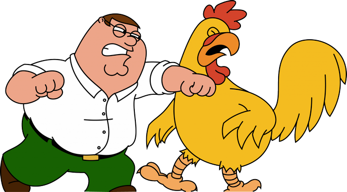 Peter Griffin fighting the Giant Chicken from Family Guy