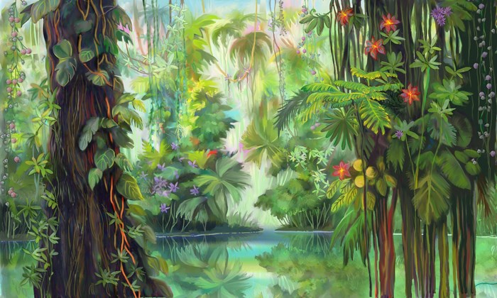Jungle scene with a river and lush vegetation