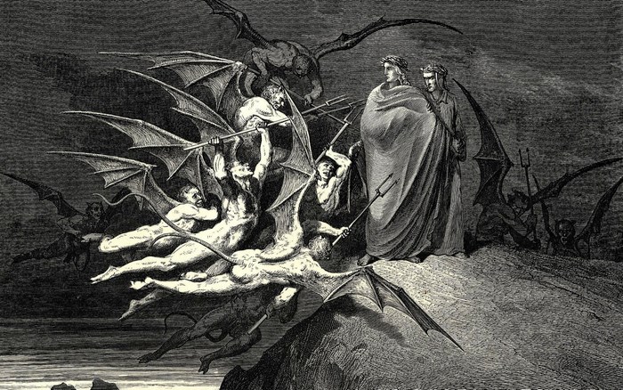 Dante and Virgil surrounded by demons