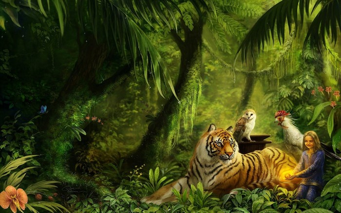 Tiger, owl, chicken, and girl in a jungle