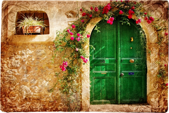 Vintage green door with pink roses and potted plant