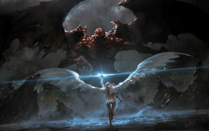 Angel confronts a monstrous demon with wings