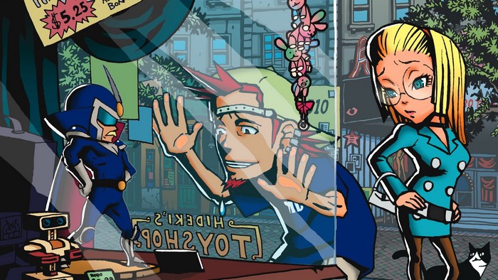 Viewtiful Joe characters in a toy shop window
