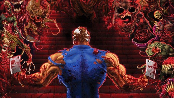 Man facing monsters with cleavers in Splatterhouse