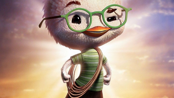 Chicken Little wearing glasses and holding rope