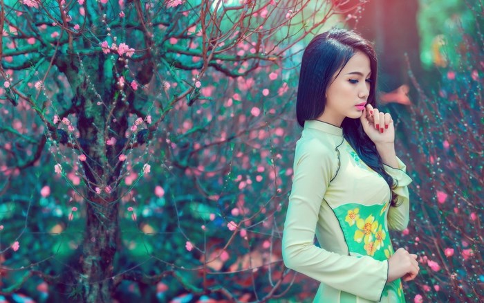 Woman in traditional Vietnamese dress among peach blossoms