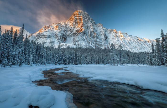 Snowy Mountain Peak with River and Forest