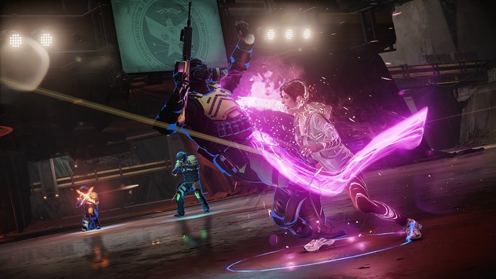 Characters fighting with neon energy in a futuristic arena