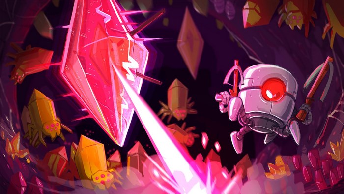 Robot firing laser at giant crystal in Nuclear Throne