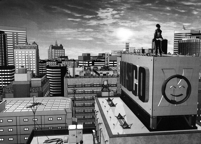 Gantz cityscape with a lone figure on a rooftop