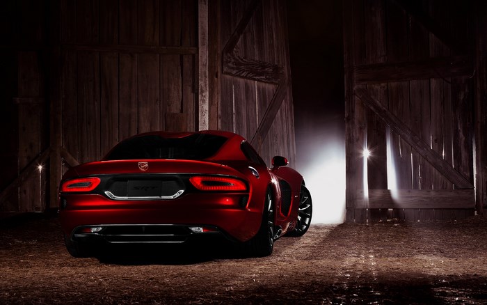 Red Dodge SRT Viper GTS in a barn