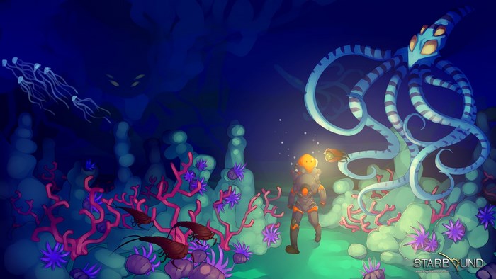Starbound underwater scene with diver and giant octopus