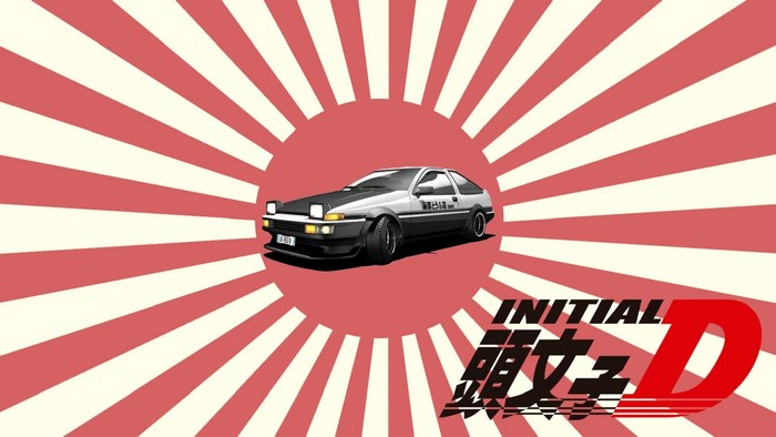 Initial D AE86 car with Japanese rising sun background