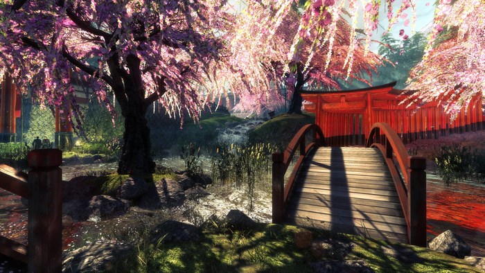 Video game scene with Japanese torii gates and cherry blossoms
