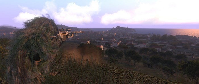 Sniper in ghillie suit aiming rifle in Arma 3