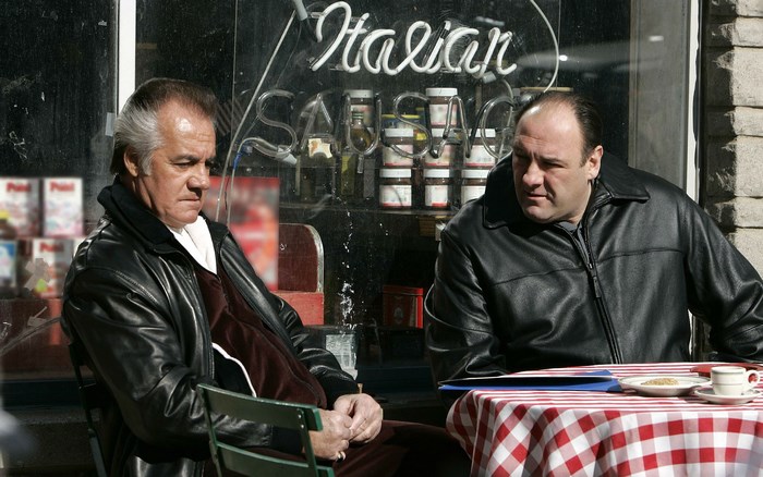 The Sopranos: Two men sitting outside Italian sausage shop