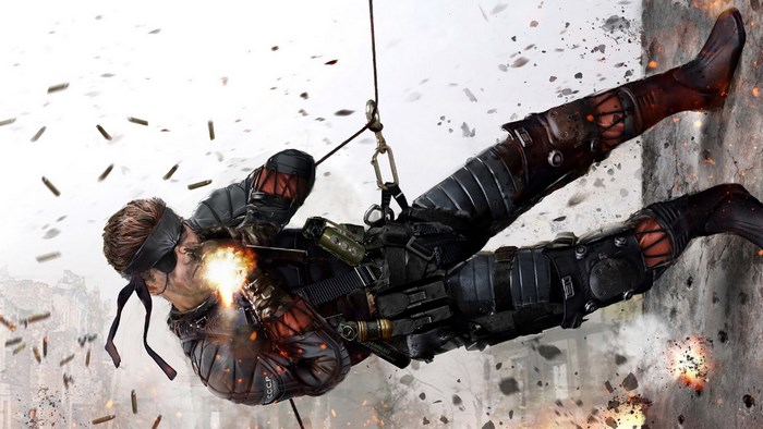 Soldier rappelling and firing weapon in Metal Gear Solid