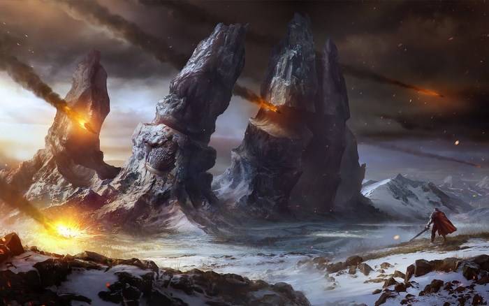 Lords of the Fallen landscape with falling meteors