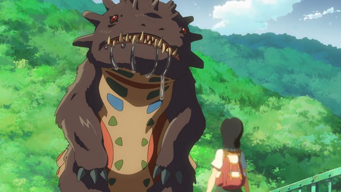 A girl and a monster in a forest