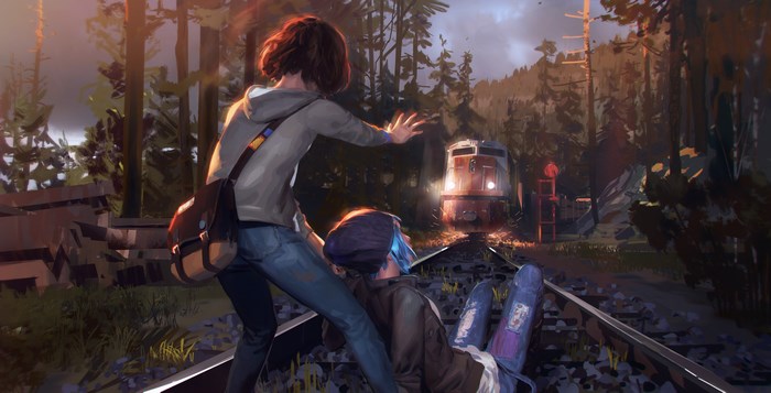 Max and Chloe from Life is Strange on train tracks