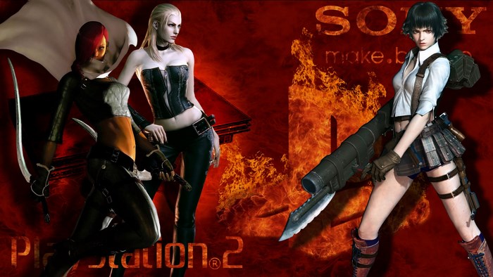 Devil May Cry 2 characters with PlayStation 2 logo