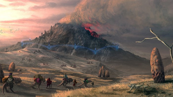 The Elder Scrolls III Morrowind landscape with volcano and creatures