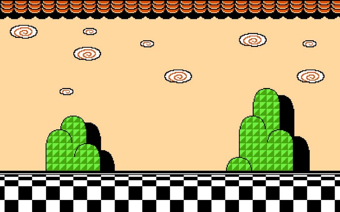 Super Mario Bros. level with clouds and hills