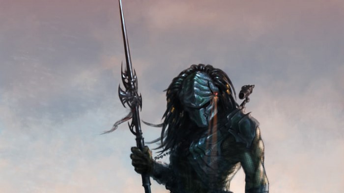 Predator holding a spear against a cloudy sky