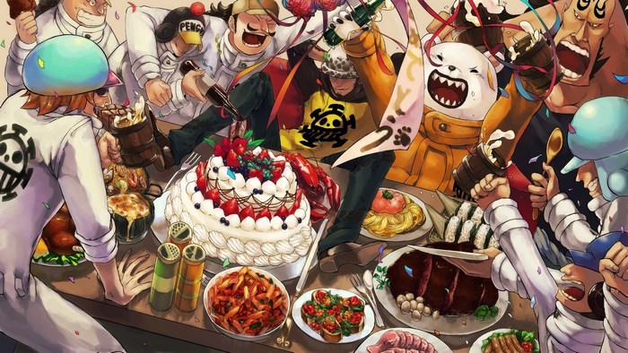 One Piece characters celebrating with a feast