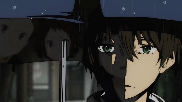 Hyouka anime characters under umbrella in rain