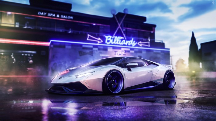 White Lamborghini Huracan in front of Billiards and Day Spa