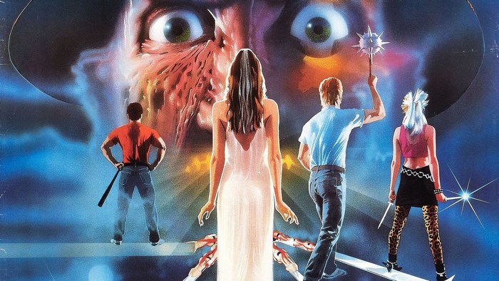 Freddy Krueger's face looms over four people from Nightmare on Elm Street 3