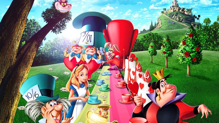 Alice in Wonderland characters at a tea party