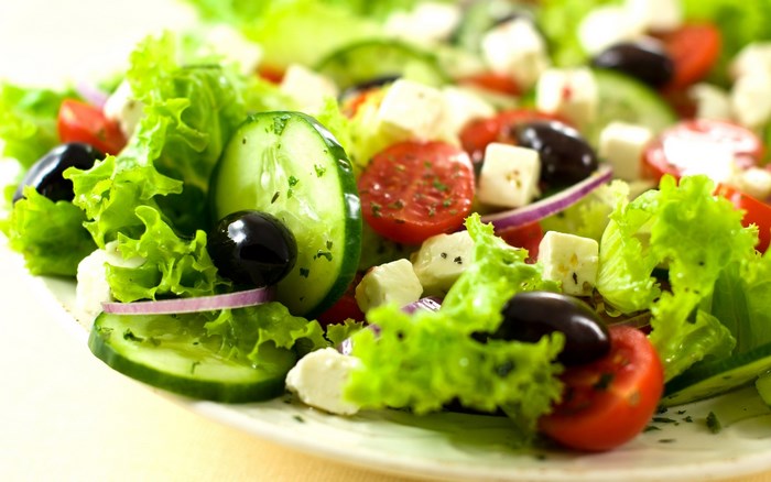 Close-up of a Greek salad with feta cheese