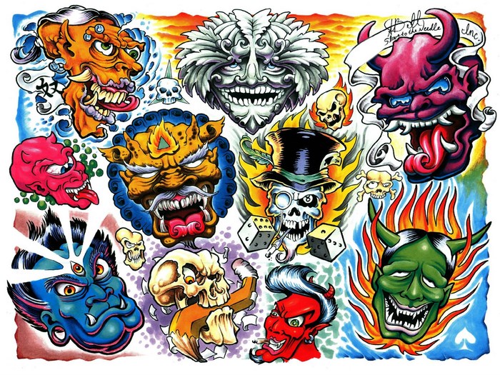 Tattoo flash sheet with demons and skulls