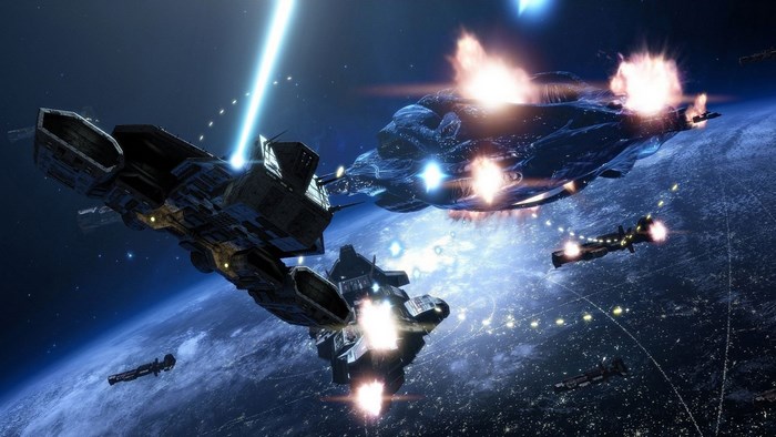 Space battle above Earth with Stargate Atlantis ships