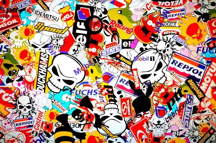 Sticker bomb with racing and skull designs