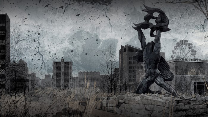 S.T.A.L.K.E.R. statue and Ferris wheel in abandoned city
