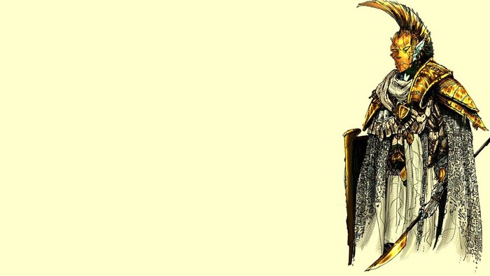 Morrowind character in ornate armor with spear