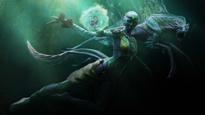 Sea monster and humanoid creature underwater