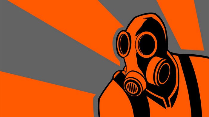 Gas mask character on orange and gray background