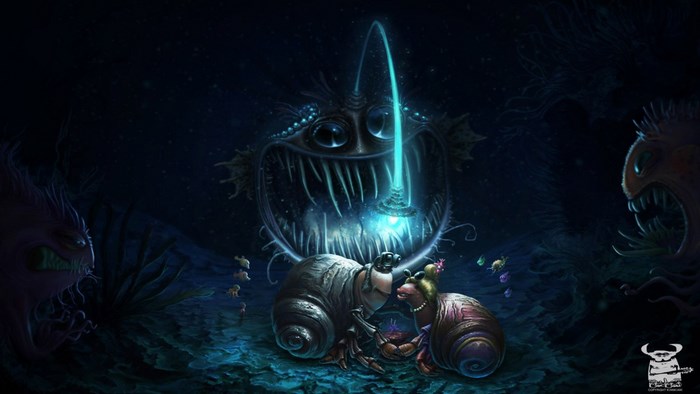 Two hermit crabs in love with a giant anglerfish behind them