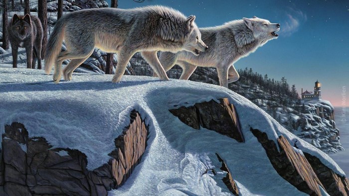 Wolves on a Snowy Cliffside with Lighthouse