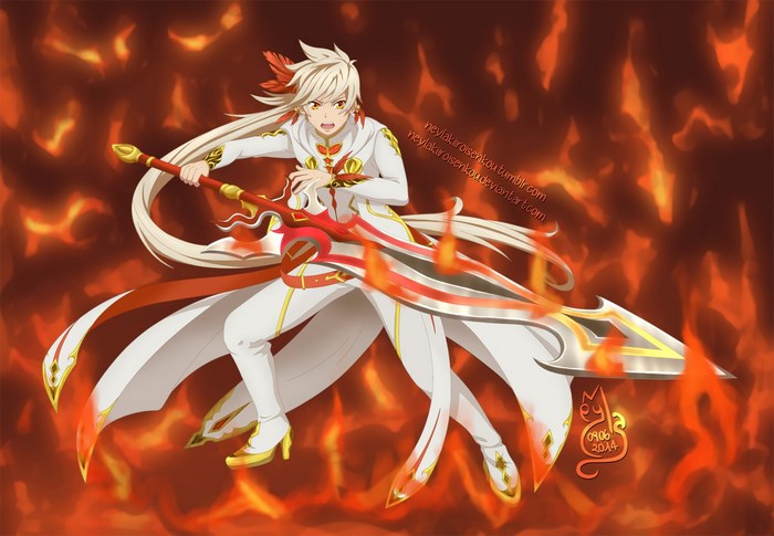 Sorey from Tales of Zestiria the X with a flaming sword
