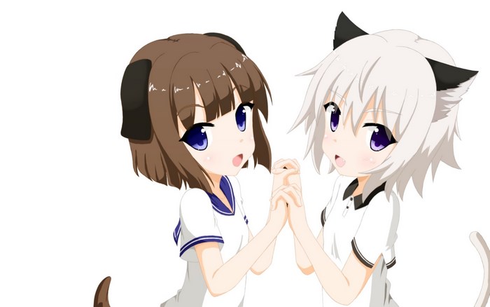 Anime girls with animal ears holding hands