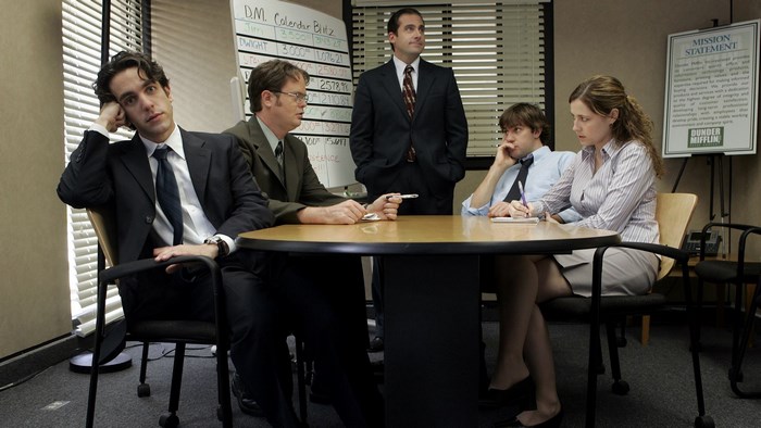 The Office US: Michael Scott, Dwight Schrute, Jim Halpert, Pam Beesly, and Ryan Howard in a meeting